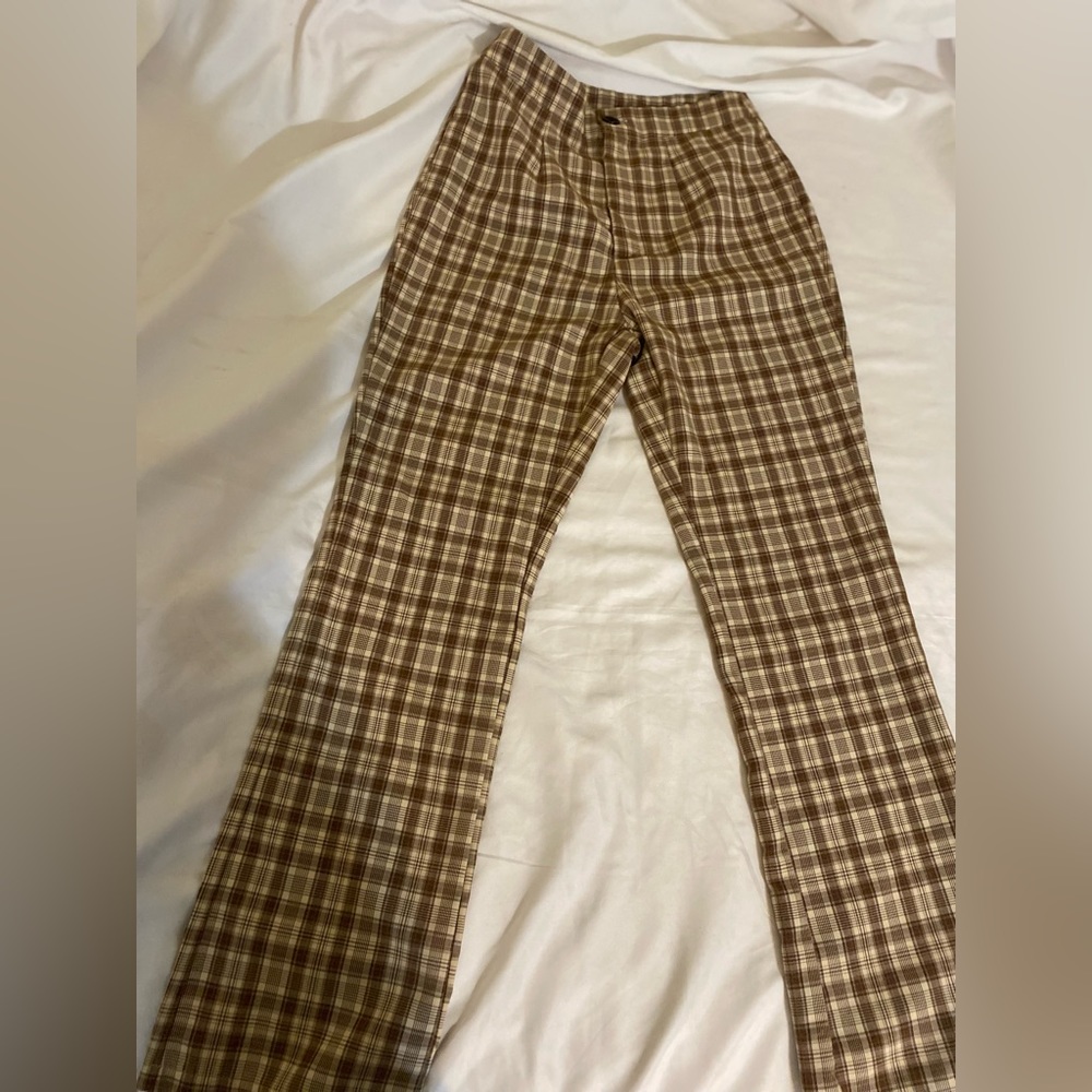 SheIn Dress Pants Womens Beige Straight Mid Rise Check Trousers Business